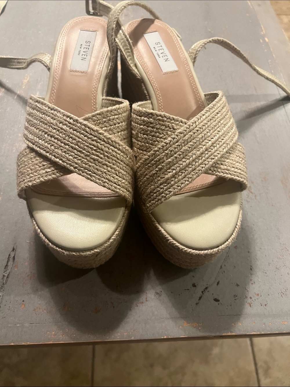 Seven7 Beige Braided Espadrille Wedge Sandals